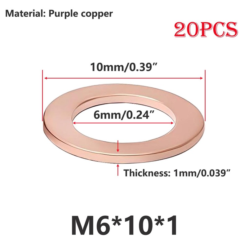 Qrity 20pcs Flat Washers Copper Flat Washers Gasket M6 Copper