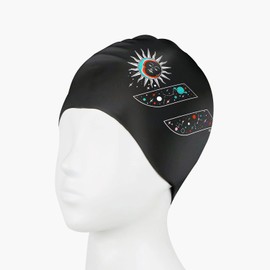SWAVE Unisex Adult Comfortable Durable Printed Waterproof Silicone Swim Cap (Black (Moon and Sun))