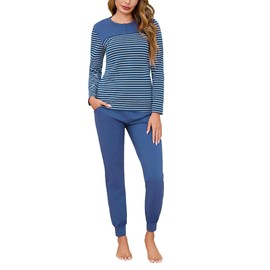 Aseniza Women's Long Pyjamas, Cotton, Two-Piece Sleepwear, Lounge Set, Long-Sleeved Leisure Suit for Women with Cuffs, A-Blue, l