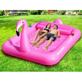 DeeprBlu Luxury Flamingo Inflatable Tanning Pool for 2 Person, 81x60 inch Sunbathing Pool Lounger Float, Pink Blow Up Tanning Pool Suntan Tub, Tanning Water Bed with Cup Holder, Lounge Float for Adult