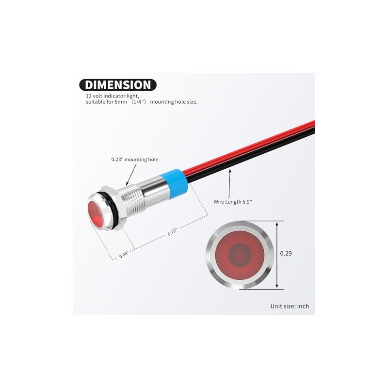 DaierTek LED Indicator Light 12V Red LED 6MM Metal Waterproof