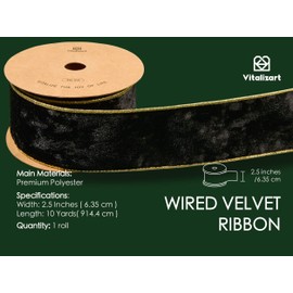 Vitalizart Black Wired Velvet Ribbon 2.5 Inch Metallic Crushed Velvet for Gift Wrapping Christmas Tree Decoration Crafts Wreaths Garland Continuous 10 Yards