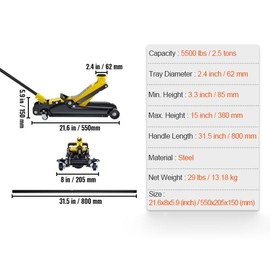 Low Profile Floor Jack 3/2.5 Ton Heavy Steel Single Piston Hydraulic Pump - Load: 2.5 Tons / 3.9 in