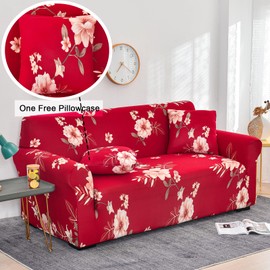 Celevingne Printed Couch Cover Stretch Sofa Cover Sofa Protector for Loveseat Elastic Sofa Slipcover with 1 Pillowcase (Beautiful Years Red, Loveseat)