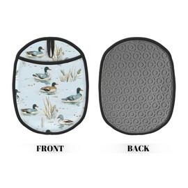 Pot Holders 2 Pack Silicone, Cotton Lining, Heat Resistant to 500°F (260°C), Non-Slip Grip, 7.5"x9.4" Oval Kitchen Hot Pads for Oven, Cooking (Ducks Swimming, Potholders)