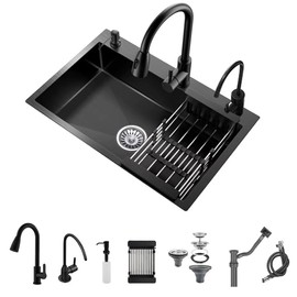 Black Drop In Kitchen Sink,Stainless Steel Single Bowl Sink,Topmount Workstation Sink With Pull Out Faucet,Soap Dispenser And Drain Basket (19.7 * 17.7 * 7.9in)