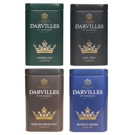 DARVILLES of WINDSOR - 4 Variety Mixed Collection Pack - 4 x 100g Caddy Tins of Loose Leaf Black Tea - Royalty Assam, English Breakfast, Earl Grey & Darjeeling