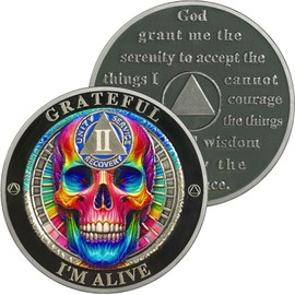 DeDecoml Sobriety Token Rainbow Skull Design with Inspirational Prayer（2 Year）