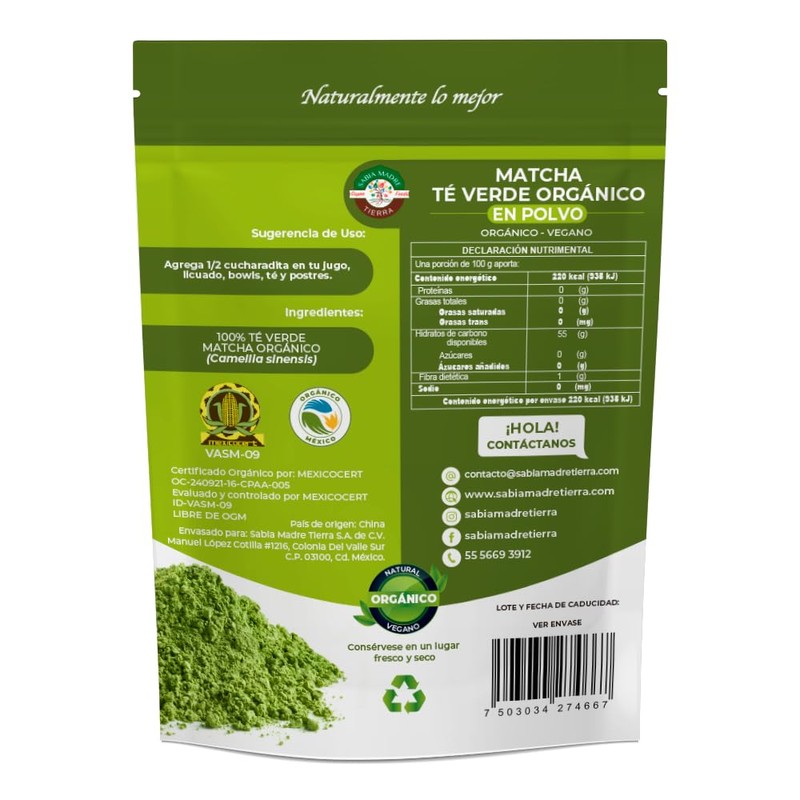 SABIA MADRE TIERRA | Té Matcha Orgánico Certificado 100g, 100%