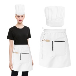 NYGGTYK 1 Medium Length Apron, 1 Chef Hat, Waiter's Apron, Adjustable Chef Hat, Apron with Pockets, Unisex, Chef's Clothes, Catering Clothing Set (White)