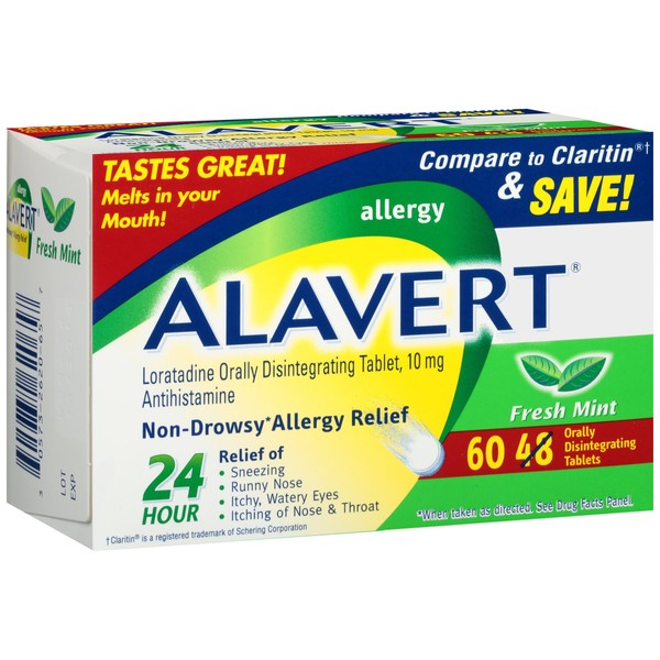 Alavert Allergy 24-Hour Relief, Flavor Orally Disintegrating Tablets, Non-Drowsy, Antihistamine, Fresh Mint, 60 Count