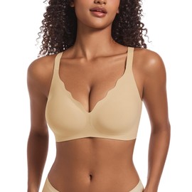 Soft Bras for Women No Underwire Scalloped Bralettes Seamless with Full Coverage Cross Back,Nude,L