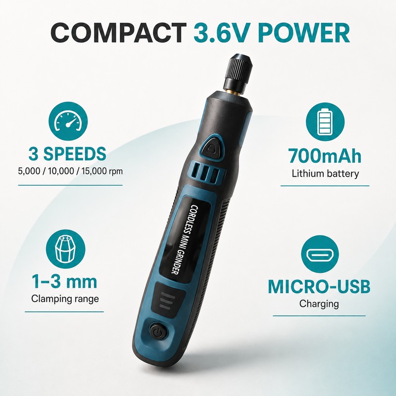 3.6V Cordless Mini Rotary Tool 3-Speed USB Rechargeable Grinder