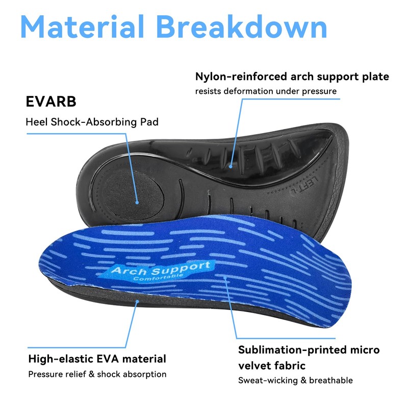 3/4 Orthotics Insoles for Men Women, High Arch Supports (M9-10/W11-12)
