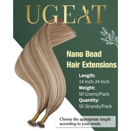 Ugeat Nano Bead Hair Extensions Human Hair Golden Brown Highlights Bleach Blonde Nano Tip Human Hair Extensions for Women Nano Link Hair Extensions Human Hair 18inch 50G 50S