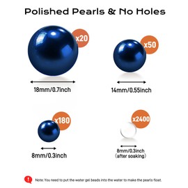 250 PCS Navy Blue Floating Beads No Hole Pearl for Vases, 8/14/18mm Floating Beads for Centerpiece, 2400 PCS Clear Water Gel, DIY Home Birthday Weddings Party Decor