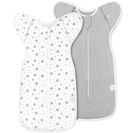 ANYEDDE ANYEDDE 2-Pack Baby Swaddle Sleep Sack 3-6 Months - Arms Up Transitional Swaddles with Removable Cuffs & 2-Way Zipper, Gray Stars Design, Breathable Cotton Newborn Sack