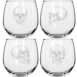 MIP Set of 4 Wine Glass for Red or White Wine Gift Skull Collection (16 oz Stemless)
