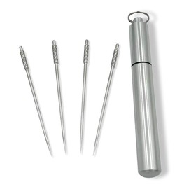 Juego de 4 palillos de dientes de titanio con soporte de palillos de dientes de acero inoxidable para llavero, portátil, no tóxicos, palillos de dientes reutilizables, ideal para camping, púas de