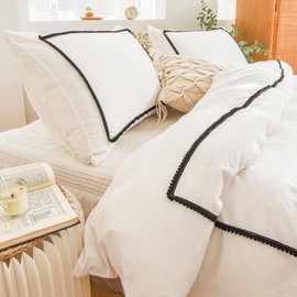 Herside Boho White Duvet Cover Set Double Black Ball Pom Design Ultra Soft Microfibre Easy Care Bedding Set 3pieces Vintage Country Quilt Cover for Boys Girls Shabby Home Decor