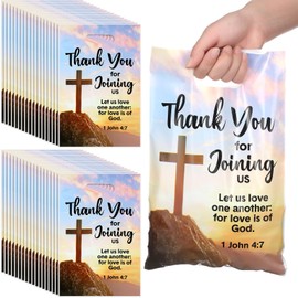 Panelee 100 Pcs Welcome to Our Church Bags Religious Plastic Brochure Church Gift Christian Cross Goody Treat Bags with Handles for Party Supplies Party Favor Decoration