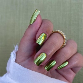 Neon Green Chrome Square Press on Nails Short Medium,SXVME Metallic Fake Nails Acrylic Nails Press ons,Mirror Metal Chrome Nails Glue on Nails Medium,Short Coffin Nails False Nails in 24 PCS