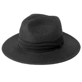 DRESHOW Women Straw Panama Hat Travel Fedora Beach Sun Hat Summer Wide Brim Straw Roll up Hat UPF 50+