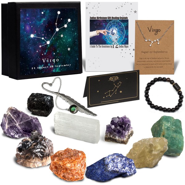 Virgo Crystals Gifts for Women Birthstone Gemstone, 14pcs Zodiac Real Chakra Crystal and Healing Stones Set for Spiritual Astrology Decor Horoscope Birthday Gift Kit