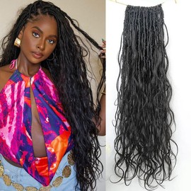 walnut hair Pre-looped Crochet Boho Faux Locs With Human Hair Curls Body Wave Human Hair Goddess Faux Locs Crochet Hair Curly Ends for Black Women Natural Color 26inch 24 Locs