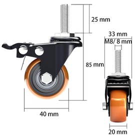 Pack of 4 40 mm Furniture Castors with 4 Brakes, Castors for Furniture, Heavy Duty Castors with 180 kg Slats, 40 mm Stem Castors, Swivel Castors Double Locking with 360 Degree Rotation (Orange, M8)