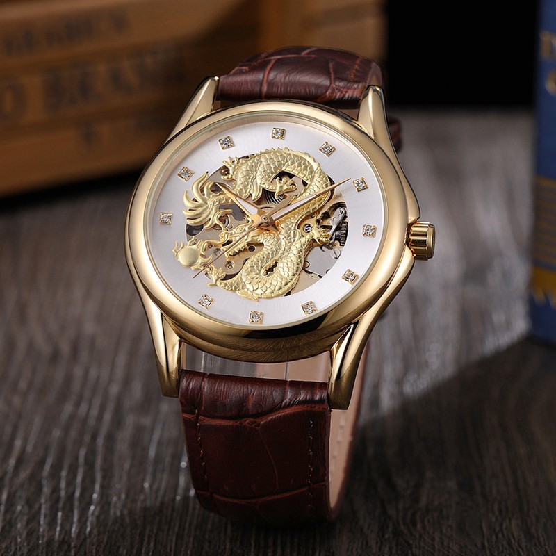 FORSINING Men Hollow Mechanical Waterproof Watch Wristwatch (White Dial Gold