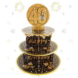 CLDTPATS 3 Tier 40th Birthday Decorations for Men Women, 40th Birthday Cupcake Stand, Cupcake Holder Dessert Tower for 40th Anniversary Decorations