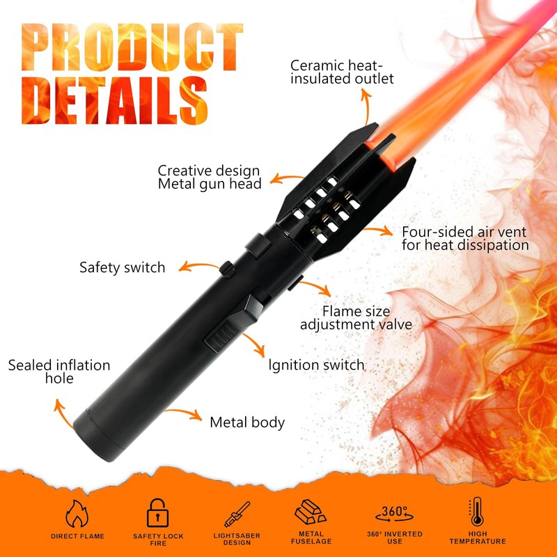 Camping Torch Lighter, Bright Fire Windproof Butane Refillable Straight Flame