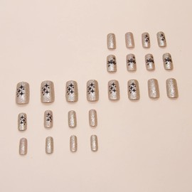 BABALAL Press on False Nails Medium Square Fake Nails Gold Glitter Glue on Acrylic Nails Bling New Year Manicure 24Pcs Squoval Full Cover Stick Shiny Artificial