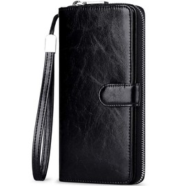 JEEBURYEE Womens Wallet Genuine Leather RFID Blocking Credit Card Holder Large Capacity Ladies Zipper Long Clutch Purse with Wrist Strap Black