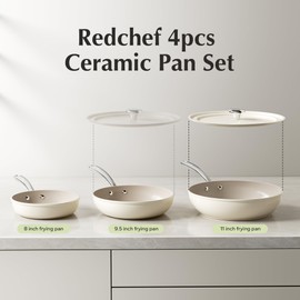 Redchef Nonstick Frying Pans Set, 4-Piece Ceramic Cookware Set, 8" 9.5" 11" Saute Pan Skillet, Non Toxic Pans for Cooking, Pots and Pans, PFAS & PTFE & PFOA Free, Dishwasher & Oven Safe, Beige White