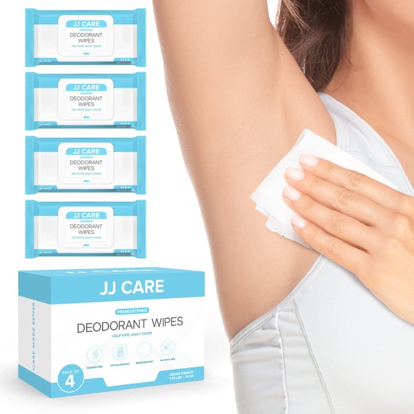 JJ CARE Deodorant Wipes - 4 Travel-Size Pouches with 30 Deodorant Wipes for Women Each | Underarm Deodorant Wipes On the Go | Armpit Smell Remover Deodorant Wipes for Men