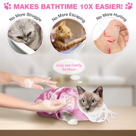 Cat Shower Net Bag Cat Grooming Bathing Bag Adjustable Cat Washing Bag Multifunctional Cat Restraint Bag Prevent Biting Scratching for Bathing, Nail Trimming, Ears Clean, Keeping Calm (Pink)