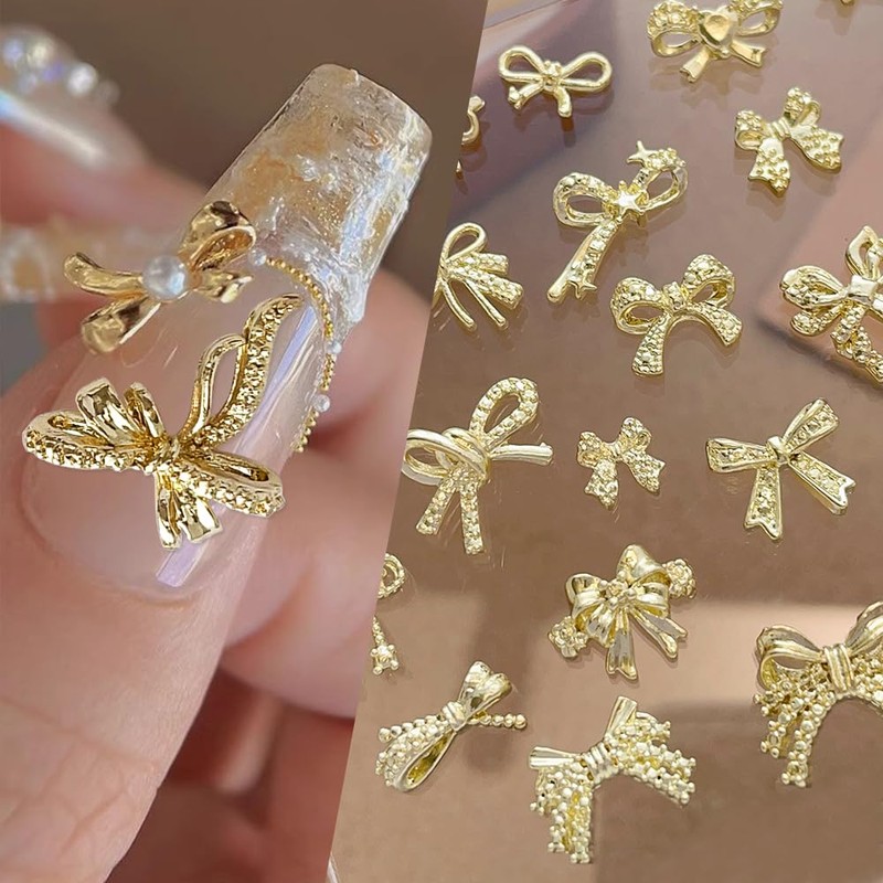 34 Pezzi Metallo Bow Nail Charms Oro 3D Dolce Fiocco