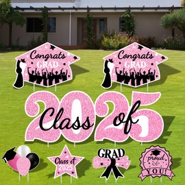 2025 Graduation Yard Sign Stakes Decorations - Congrats Grad Class of 2025 Outdoor Lawn Decor - High School College Grad Graduation Party Decoration Supplies(Pink)