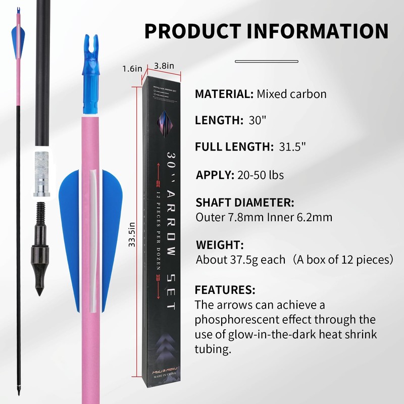 30 inch Carbon Arrow Practice Hunting Arrow, with Detachable tip,