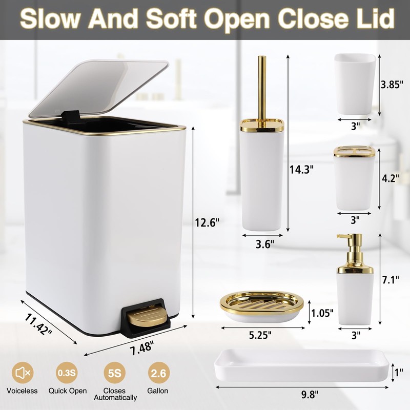 White Bathroom Accessories Set 8 Piece White and Gold Bathroom