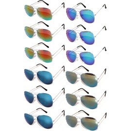 OWL Aviator Silver Metal Frame Sunglasses Full Mirror Lens Blue, Blue-Green, Red, Yellow -12 Pairs