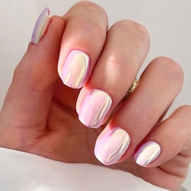 Pink Nails Press ons Square Short Press on Nails Chrome Fake Nails with Colorful Designs Square Glue on Nails Cute Pink False Nails Glossy Full Cover Artificial Manicure for Girls 24Pcs