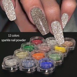 Glitter Nail Chrome Powder Set - 12 Colors Sparkle Nail Powder Flash Diamond Dust Nail Supplies Dip Nails Powder Starter Kit Nail Accessories Nail Charms for Women Salon DIY Design