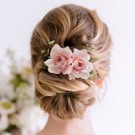 Fangsen Pink Rose Flower Comb With Spring Wedding Hair Piece for Brides Flower Girls and Bridesmaids Silver