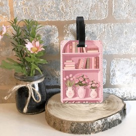 2 Pcs Pink Bookshelf Luggage Tags for Suitcase, PU Travel Cruise Luggage Tag with Name ID Label for Women Men Book Lovers Suitcase Baggage Bag Backpack Instrument