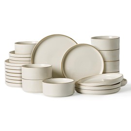 Famiware Star Dinnerware Set, Plates and Bowls Sets for 8 (24pcs), Ribbed Stoneware Dishes - Chip & Scratch Resistant, Microwave & Dishwasher Safe Tableware, Vanilla White