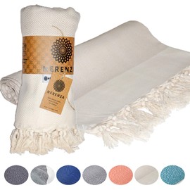 NERENZA Premium Turkish Beach Towel Cotton Peshtemal - Stylish Turkish Bath Towels Extra Large Blanket for Beach and Bathroom - Prewashed - 35 x 70 Inch XL - Zigzag Beige (1 Unit)