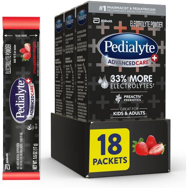 Pedialyte AdvancedCare Plus Electrolyte Powder, with 33% More Electrolytes and PreActiv Prebiotics, Strawberry Freeze, Electrolyte Drink Powder Packets, 0.6 Oz (18 Count)